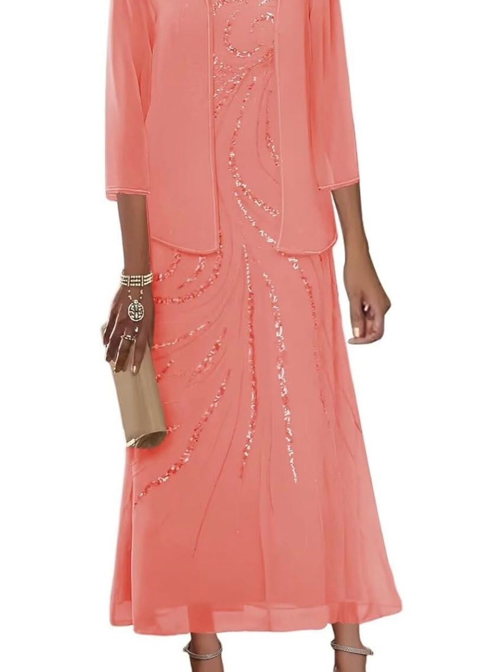 Elegant Coral Sequin mother of bride dress